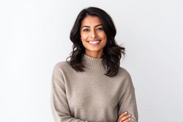 Group portrait of an Indian woman in her 30s against a white background