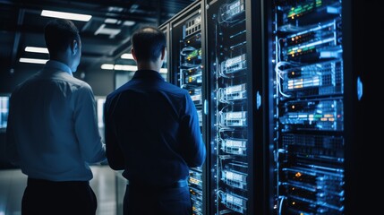 IT specialists confer at a meeting and discuss news in the computer industry