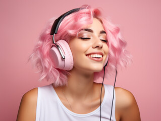 A girl with pink hair is listening to music in headphones on a pink background, pink trend