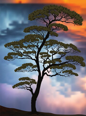 Fototapeta na wymiar sunset through high tree on lilac background