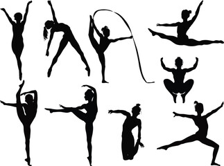 nine gymnastic girl silhouettes isolated on white - obrazy, fototapety, plakaty