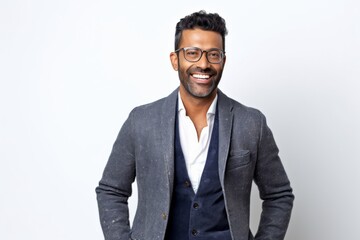 Lifestyle portrait of an Indian man in his 30s against a white background