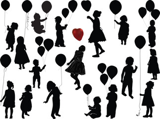 child black silhouettes with balloon set on white