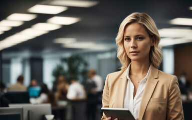 Blond female professional employee using digital tablet in the office