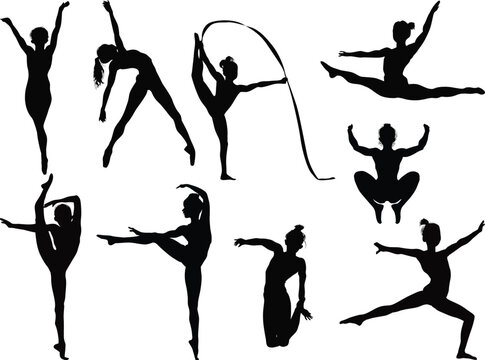 Rhythmic Gymnastics silhouettes set isolated on white. Women