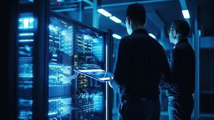 IT specialists confer at a meeting and discuss news in the computer industry