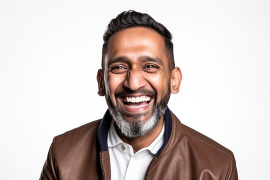 Lifestyle portrait of an Indian man in his 40s wearing hijab against a white background