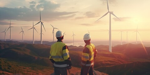 two asian engineers male checking wind turbines. Renew made with Generative AI - obrazy, fototapety, plakaty