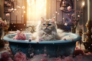 adorable fluffy Maine coon washes in the basin. cat spa. pet care. grooming pet