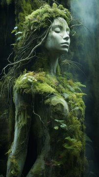 Guardian of Nature. Statue of a woman covered in green moss, plants and roots in the wood - Nymph, dryad, fairy, mystical myth and legend, spirit of the forest.