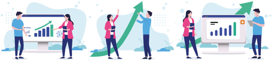 Set of illustration with businesspeople looking at rising graphs and green arrow showing profits and success - Business growth vector collection - Flat design with white and blue background.