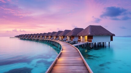 Fototapeta premium a pier leading to a row of over water houses at sunset. generative ai