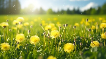 Photo of a vibrant field of yellow dandelions under a clear blue sky