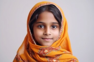 Medium shot portrait of an Indian child female wearing a foulard in a minimalist background