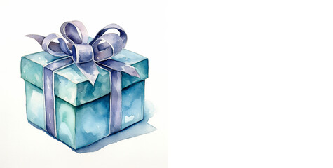 Gift box watercolor painting on white background. A blue gift box on a white background with space for text. Design of a holiday card, cover.
