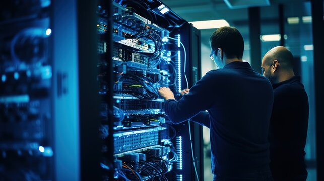 IT specialists confer at a meeting and discuss news in the computer industry