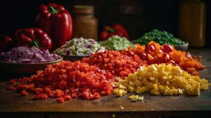 colorful mix of diced tomatoes, onions, and peppers on table.
