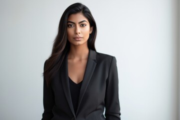 Lifestyle portrait of an Indian woman in her 30s wearing a sleek suit in a minimalist background