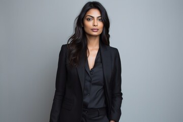 Lifestyle portrait of an Indian woman in her 30s wearing a sleek suit in a minimalist background