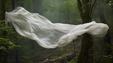 tissu blanc en mouvement au milieu d'une forêt, généré par IA