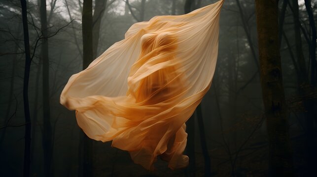 tissu orange en mouvement en tourant une femme au mileu des bois, g&eacute;n&eacute;r&eacute; par IA