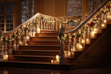 Interior decoration. Traditional Christmas holiday decorated stairs. AI generated