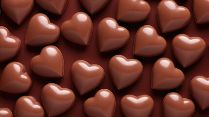 Fototapeta premium Heart shaped chocolate candies background. Sweets background. Top view. AI generated