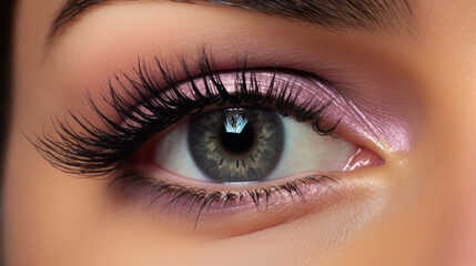 Obraz premium Close up of a womans eye with dramatic false lashes, black eyeliner and eyeshadow. AI generated