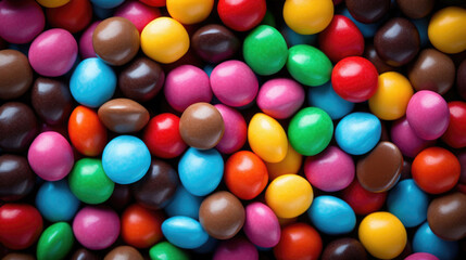 Pile of colorful chocolate coated candies. AI generated