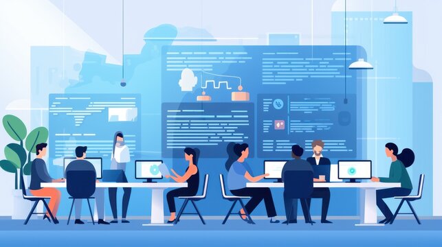 Scene depicting a team of developers working on mobile app development, coding for iOS or Android platforms