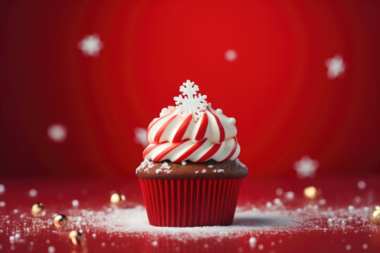Red christmas cupcake, candy cane and christmas decoration. AI generated