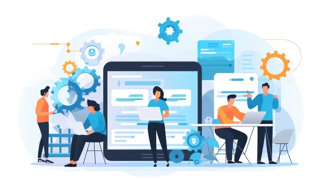 Scene depicting a team of developers working on mobile app development, coding for iOS or Android platforms