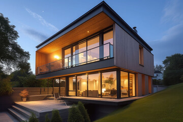 Fototapeta premium Exterior of a modern cozy house with large windows and lawn. Generative AI