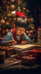 Cute little asian boy writing a letter to Santa Claus on Christmas background