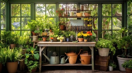  a greenhouse filled with lots of potted plants and flowers.  generative ai