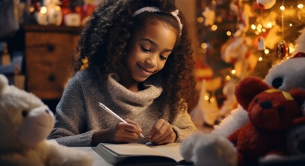 Cute african american girl writing letter to Santa Claus at home - obrazy, fototapety, plakaty