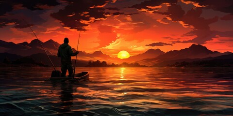A man is fishing on the lake against the backdrop of sunset. The theme fishing. Generative AI