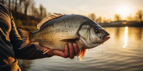 Fish in the hands on the background of river. The theme of recreation and fishing. Generative AI