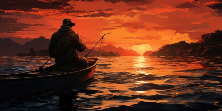 A man in a boat is fishing on the lake against the backdrop of sunset. Generative AI