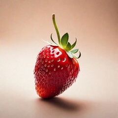 A ripe single strawberry stands on a brown background