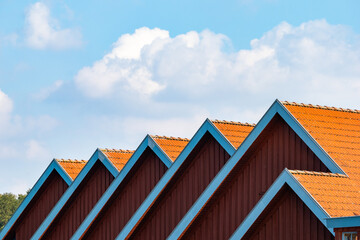 Rooftops in a row of different buildings. Red tiled roofs next to each other. Small houses in front of a blue sky in a close up.
