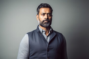 Lifestyle portrait of an Indian man in his 40s in a minimalist background