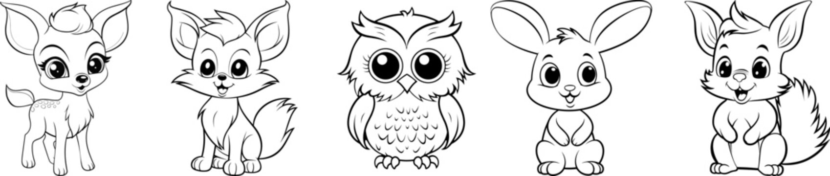 Forest animals friendly cartoon characters collection. Deer, fox, owl, rabbit and squirrel friends. Black outline coloring book vector illustrations.