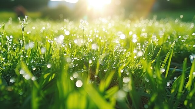 A green meadow with beautiful dew drops sparkling in the sun on blades of grass. Beauty and purity of environment.  Illustration for banner, poster, cover, brochure or presentation.