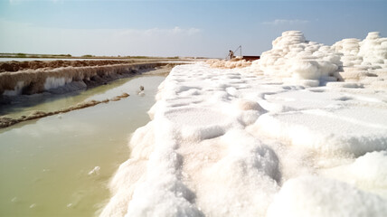 Sea salt farm. Pile of brine salt. Raw material of salt industrial. White salt harvesting. Agriculture industry. 
