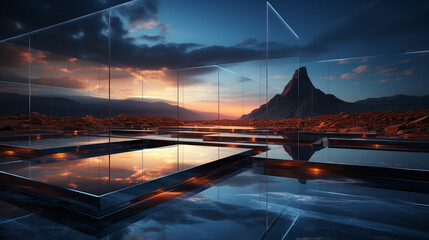 Cubical Elegance: Glass Room Cube with Mountain Sunset View