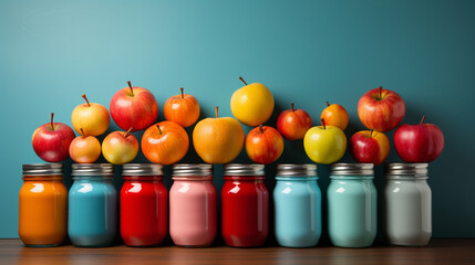 jars with colorfull inside and friuts on the top