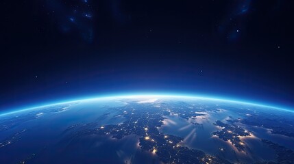 Sunrise over planet earth view from space. City lights infrastructure. Illustration for cover, card, postcard, interior design, decor or print.