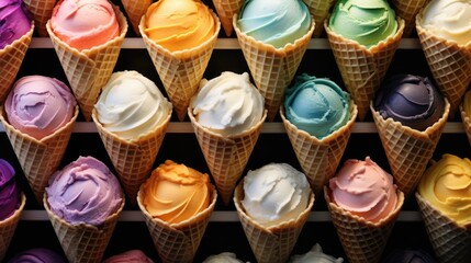 Assortment scooping ice cream in sugar cones. Colorful set of ice cream balls with different flavors. Top view. Illustration for cover, card, postcard, interior design, advertising, marketing or print