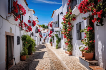 Picturesque narrow street in Spanish city old town. Typical traditional whitewashed houses with blooming plants, flowers, cobbled street in a small cozy town in Spain - Powered by Adobe